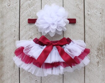 TEAM COLORS Baby Girl Ruffle Bottom Tutu Bloomer & Headband Set in Maroon and White - Newborn Photo - Cake Smash - Diaper Cover - Baby Gift
