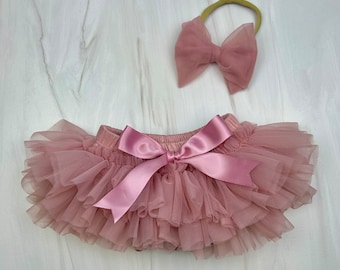 Baby Girl Tutu Bloomer & Chiffon Headband Set in Mauve - Newborn Photo - Infant Bloomers - Diaper Cover - Baby Gift - Nylon Headband - Girl