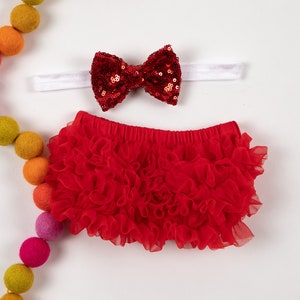 Baby Girl Ruffle Bottom Bloomer & Sequin Bow Headband Set in Red and White - Newborn Photo Set - Infant Bloomers - Diaper Cover - Baby Gift