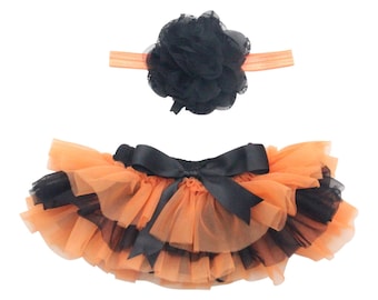 Halloween Baby Girl Ruffle Bottom Tutu Bloomer & Headband Set in Orange and Black - Newborn Photos - Cake Smash - Diaper Cover - Costume