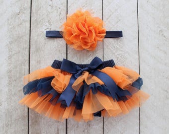TEAM COLORS Baby Girl Ruffle Bottom Tutu Bloomer & Headband Set in Navy and Orange - Newborn Photo - Cake Smash - Diaper Cover - Baby Gift