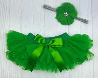 Baby Girl Ruffle Bottom Tutu Bloomer & Matching Floral Headband Set in Emerald Green - Newborn Photo  - Christmas - Diaper Cover - Baby Gift