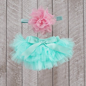 Baby Girl Ruffle Bottom Tutu Bloomer & Headband Set in Aqua and Pink - Newborn Photo - Cake Smash - Diaper Cover - Baby Gift - 1st Birthday