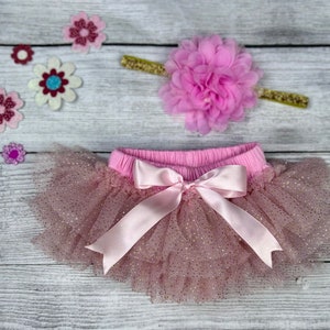 Baby Girl Ruffle Bottom Tutu Bloomer & Headband Set in Pink and Gold Glitter - Newborn Photo Set - Diaper Cover - Baby Gift -First Birthday
