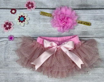 Baby Girl Ruffle Bottom Tutu Bloomer & Headband Set in Pink and Gold Glitter - Newborn Photo Set - Diaper Cover - Baby Gift -First Birthday