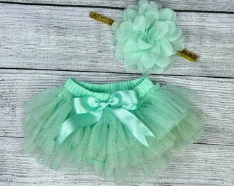 Baby Girl Ruffle Bottom Tutu Bloomer & Headband Set in Mint Glitter- Newborn Photo Set - Cake Smash-Diaper Cover-Baby Gift-1st Birthday