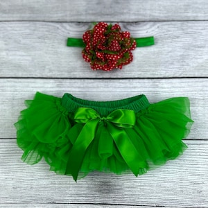 Christmas Baby Girl Ruffle Tutu Bloomer & Headband Set in Red and Green - Newborn Photo - Cake Smash - Diaper Cover - Baby Gift - Birthday