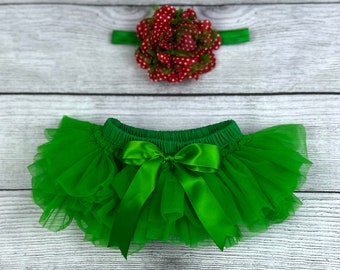 Christmas Baby Girl Ruffle Tutu Bloomer & Headband Set in Red and Green - Newborn Photo - Cake Smash - Diaper Cover - Baby Gift - Birthday