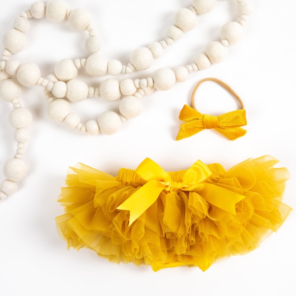 Baby Girl Tutu Bottom Bloomer & Nylon Hand Tied Velvet Bow Headband Set in Mustard - Newborn Photo - Infant Bloomers - Diaper Cover