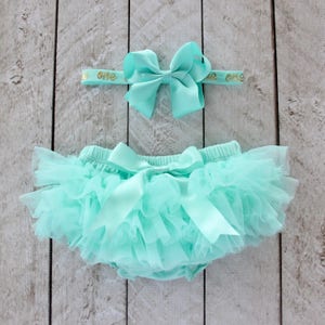 Baby Girl Ruffle Bottom Tutu Bloomer & Bow Headband Set in Aqua and Gold - First Birthday Outfit - Cake Smash - One - 1st Birthday