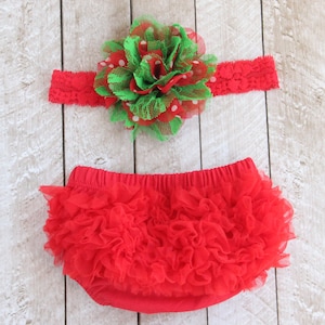 Christmas Baby Girl Ruffle Bloomer & Headband Set in Red and Green - Newborn Photo Set - Infant Bloomers - Diaper Cover - Baby Gift