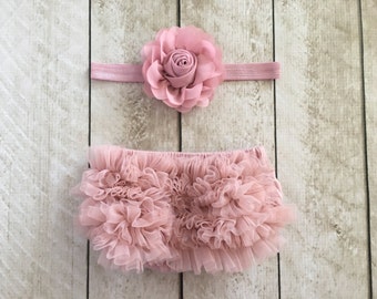 Baby Girl Ruffle Bottom Bloomer & Headband Set in Mauve - Newborn Photo Set - Infant Bloomers - Diaper Cover - Baby Gift - by Couture Flower