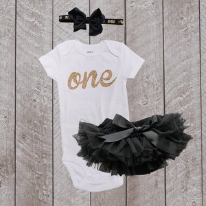 First Birthday Gold Glitter &quot;one&quot; Bodysuit, Tutu Bloomer & Bow Headband Set in Black - 1st Birthday Outfit - Cake Smash - Baby Girl - Gift