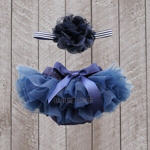 Baby Girl Ruffle Bottom Tutu Bloomer Headband Set in Navy Blue & White Flower - Newborn Photo Set - Cake Smash - Diaper Cover - Baby Gift