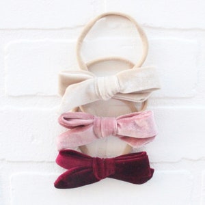 Set of 3 Velvet Bow Headbands or Clips - Baby Girl - Nylon Headband - Hand Tied Headband - Modern Bow - Ivory Bow - Mauve Bow - Maroon Bow