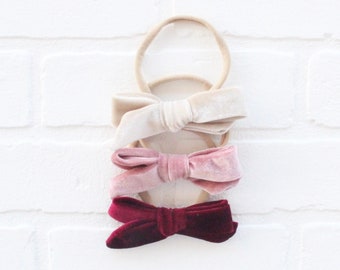 Set of 3 Velvet Bow Headbands or Clips - Baby Girl - Nylon Headband - Hand Tied Headband - Modern Bow - Ivory Bow - Mauve Bow - Maroon Bow