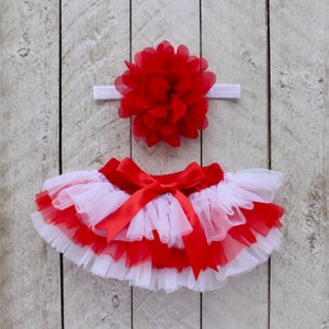 TEAM COLORS Baby Girl Ruffle Bottom Tutu Bloomer & Headband Set in Red and White - Newborn Photo - Cake Smash - Diaper Cover - Baby Gift