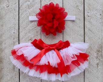 TEAM COLORS Baby Girl Ruffle Bottom Tutu Bloomer & Headband Set in Red and White - Newborn Photo - Cake Smash - Diaper Cover - Baby Gift