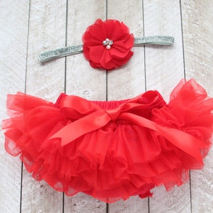 Baby Girl Ruffle Tutu Bloomer & Headband Set in Red and Silver - Newborn Photo Set - Cake Smash - Diaper Cover - Baby Gift - First Birthday