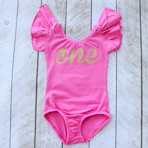Hot Pink First Birthday &quot;One&quot; Flutter Sleeve Leotard in Gold or Silver Glitter - Smash Cake - Photo Shoot - 1st Birthday - Baby Leotard