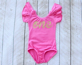 Hot Pink First Birthday "One" Flutter Sleeve Leotard in Gold or Silver Glitter - Smash Cake - Photo Shoot - 1st Birthday - Baby Leotard