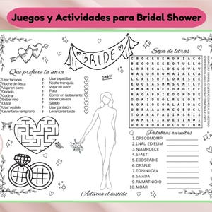 May include: Bridal shower activity sheet with a bride illustration, word search, and other games. Includes a maze, a 'what does the bride prefer' section, and a word scramble. The sheet is decorated with floral and heart designs.