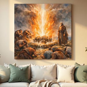 Elijah Fire Heaven Wall Art Watercolor Print | Christian Miracle Bible Digital Download | Mount Carmel Painting Faith Decor Scripture Gift