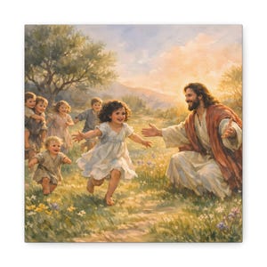 May include: A canvas print depicting a serene scene of Jesus welcoming children. The artwork features a warm color palette with children running towards Jesus in a field of wildflowers under a bright sky. The style is reminiscent of a classic painting.