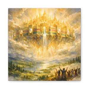 May include: A canvas print depicting a celestial city in the clouds, bathed in golden light. The city features ornate architecture with colorful accents. Below, a landscape with mountains, a lake, and figures with raised arms.