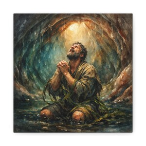 May include: A watercolor painting depicts a man kneeling in water, hands clasped in prayer, looking upward. The scene is set in a cave with light shining from above. The man wears tattered clothing, and the color palette includes browns, greens, and blues.