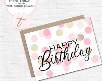 Tarjeta de cumpleaños en oro rosa – Diseño de lunares imprimible (PDF digital)