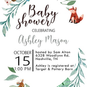 Digital Baby Shower Invitation, Woodland, Animals, Boy Girl Shower, Gender Neutral image 2