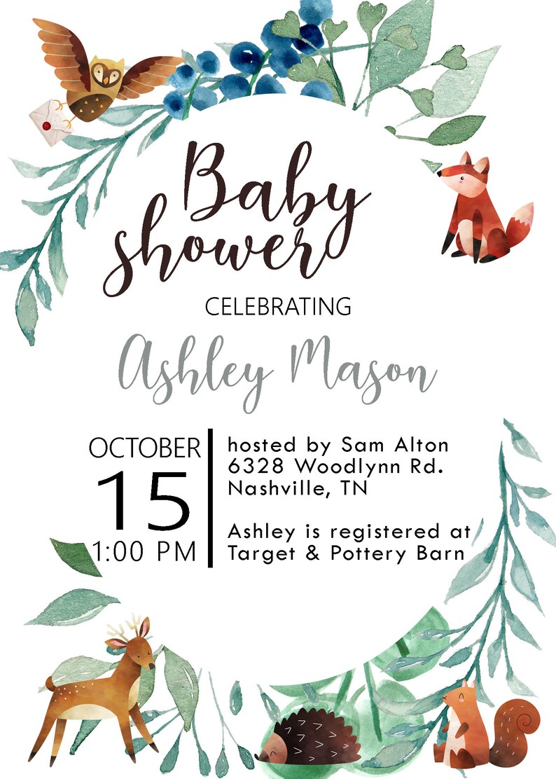 Digital Baby Shower Invitation, Woodland, Animals, Boy Girl Shower, Gender Neutral image 2