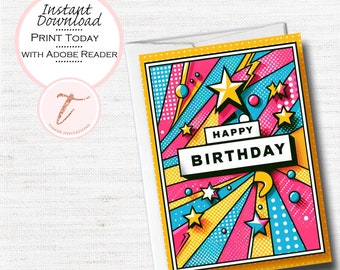 Tarjeta de cumpleaños de arte pop: Estrellas arcoíris cósmicas (PDF imprimible)