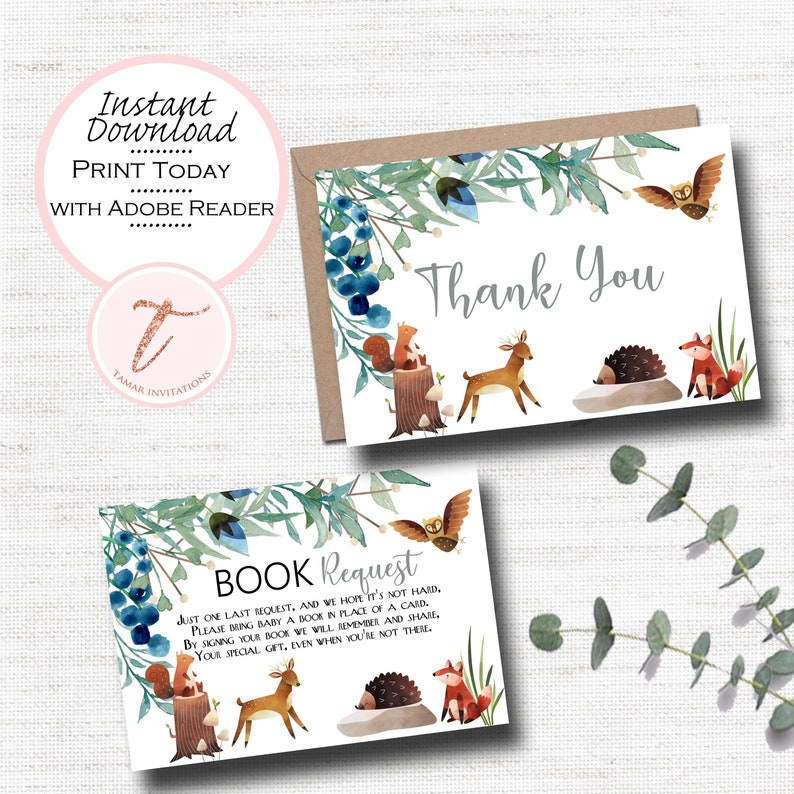 Digital Baby Shower Thank you Card, Book Card, Woodland, Animals, Boy Girl Shower, Gender Neutral image 1