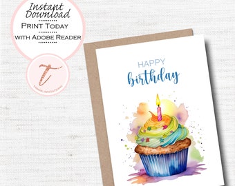 Tarjeta de cumpleaños con cupcakes de acuarela - Imprimible (Descarga digital)