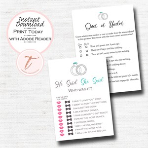 Digital Download -He Said She Said Game, Over Under Game,  Bridal Shower Games, Wedding Shower Game