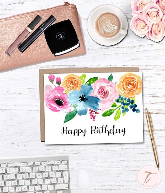 printable birthday card whimsical birthday wishes watercolor flowers happy birthday card mom grandma sister pdf instant download by tamar invitations catch my party