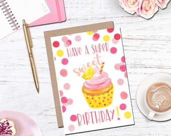 Tarjeta de cumpleaños con cupcakes, diseño de limonada rosa dulce (PDF imprimible)