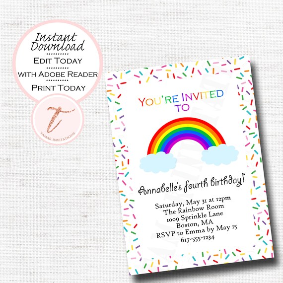 INSTANT PRINTABLE DOWNLOAD, Rainbow Party, Printable Party, Rainbow Printable, Rainbow Birthday Editable invitations, diy, 5X7 Il_570xn