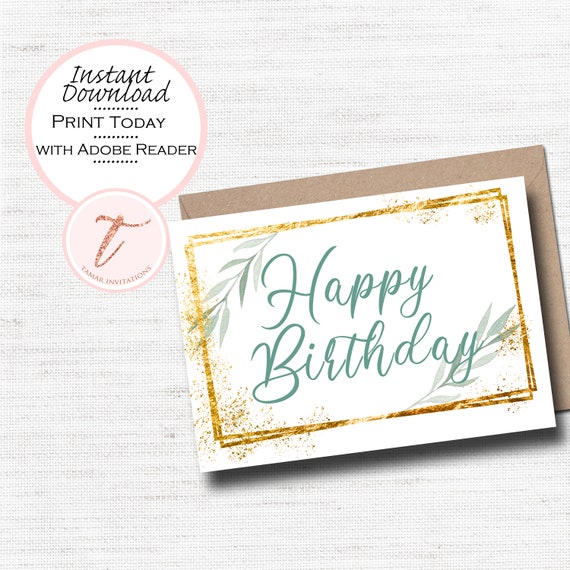 Printable Birthday Card, Whimsical Birthday Wishes, Gold Happy Birthday Card, Modern Birthday, PDF Instant Download Il_570xn