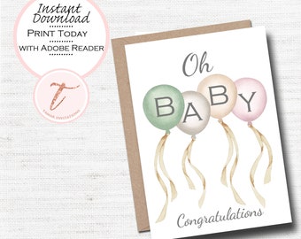 Digital Oh Baby Card, Gender Neutral Baby Shower Card, Welcome Baby Card, Girl or Boy Shower, Congratulations Baby, Printable Download