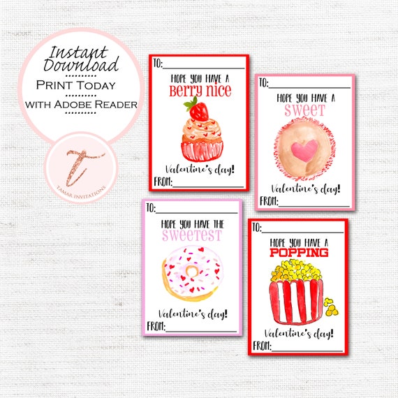 PRINTABLE Valentine Cards - Kids Valentine's Day Cards - Food, Cookie, Cupcake, Donut, Popcorn Il_570xn