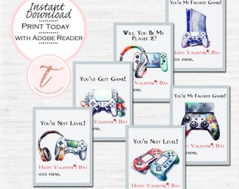 Tarjetas de San Valentín IMPRIMIBLES, Tarjetas de San Valentín para jugadores, Etiquetas de San Valentín escolares, San Valentín de videojuegos, Videojugador - Conjunto de 6 tarjetas