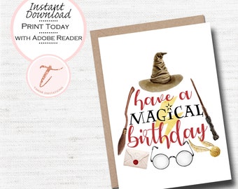Tarjeta de cumpleaños de mago – Tema mágico, imprimible, 5x7 (descarga digital)