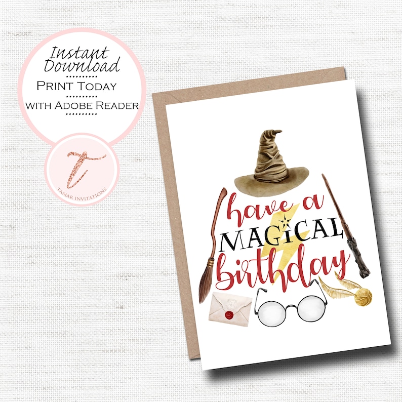 May include: A white card with a brown envelope, glasses, a wand, a broom, a golden snitch, and a wizard's hat. The text on the card reads "have a magical birthday".