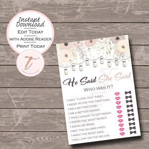 Printable DOWNLOAD He Said She Said bridal game, Rustic Theme,  Bridal Shower Games, Download Bridal Shower Games, Wedding Shower Game