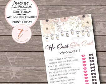 Printable DOWNLOAD He Said She Said bridal game, Rustic Theme,  Bridal Shower Games, Download Bridal Shower Games, Wedding Shower Game