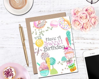 Digital Birthday Card - Sweet Birthday - Donuts & Cupcakes PDF - Digital - Printable Download