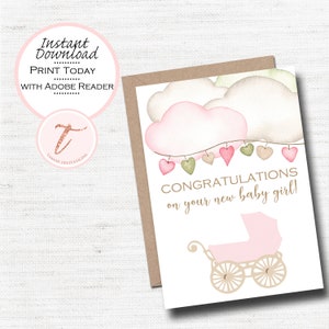 Félicitations numériques aquarelle Boho Baby Shower carte, bienvenue bébé fille, félicitations bébé, carte de douche de bébé, téléchargement imprimable